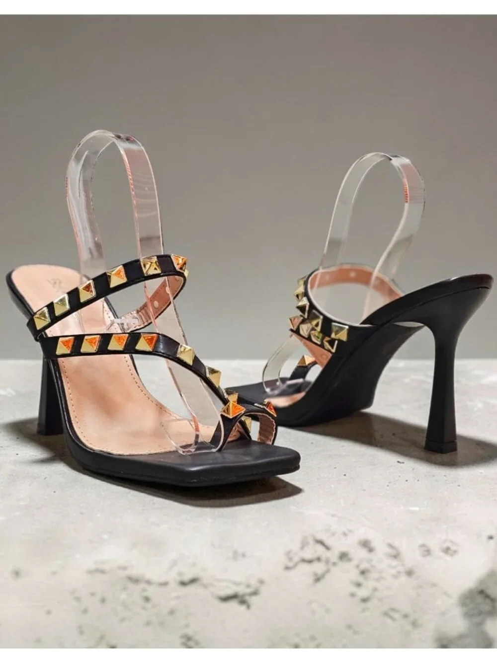 Black Studded High Heel Sandals With Straps And Square Toe Design For Women
